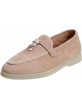 Women's Blush Beige/White Comfortable Suede Loafers Flats Slip-On Penny Shoes